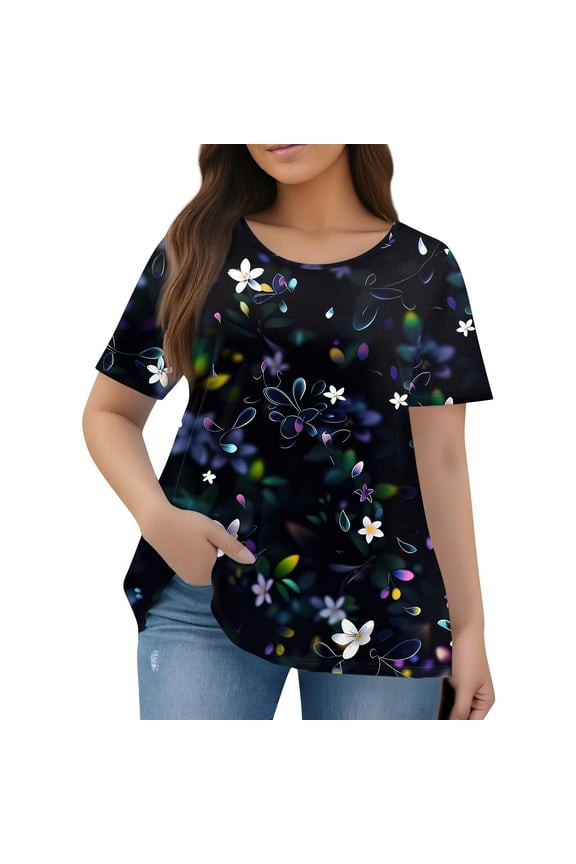 TQWQT Womens Plus Size Tops Loose Summer Going Out Tees Crew Neck Short Sleeve Floral Graphic T-Shirt 4x-5x Casual Trendy Tunics Black L