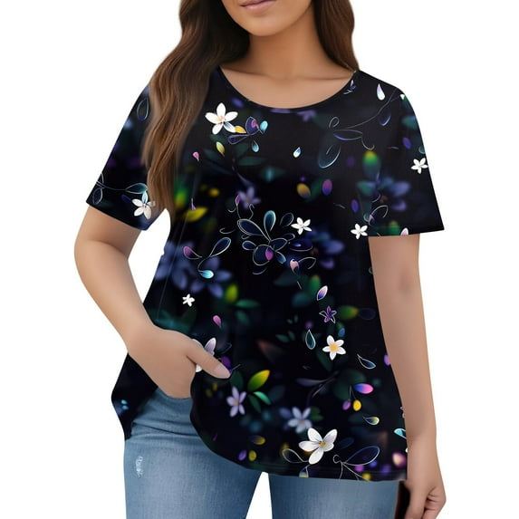 TQWQT Womens Plus Size Tops Loose Summer Going Out Tees Crew Neck Short Sleeve Floral Graphic T-Shirt 4x-5x Casual Trendy Tunics Black L