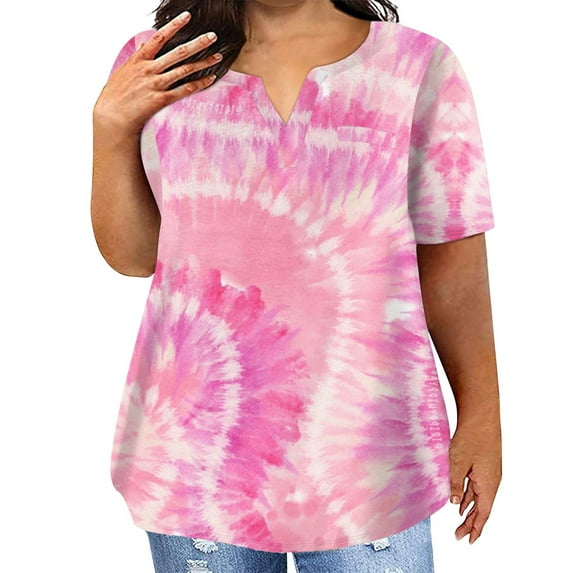 TQWQT Womens Plus Size Tops Loose Summer Sexy Tunic V Neck Short Sleeve Gradient Print Blouses 4x-5x Casual Tunics Blouses with Pocket Red 2XL