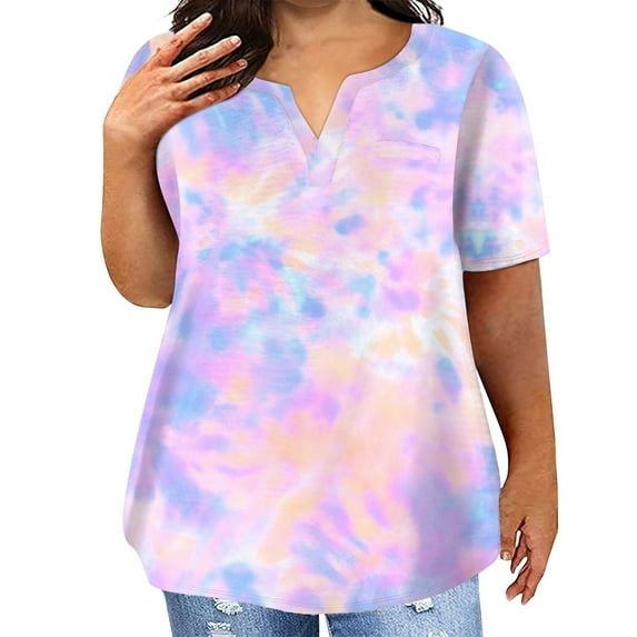 TQWQT Womens Plus Size Tops Loose Summer Sexy Tunic V Neck Short Sleeve Tie Dye Print Blouses 4x-5x Casual Tunics Blouses with Pocket Purple L