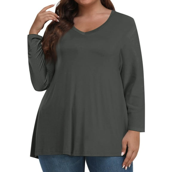 TQWQT Womens Plus Size Tops Sexy Fall Long Sleeve Tops Solid Color Tees V Neck T Shirts Dressy Casual Tunic Tops Dark Gray L