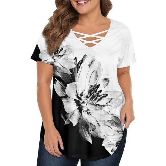 TQWQT Womens Plus Size Tops Short Sleeve Summer Shirts Floral Print Blouses V Neck Criss Cross Tunic Loose Casual Tunic Tops Dark Gray XL
