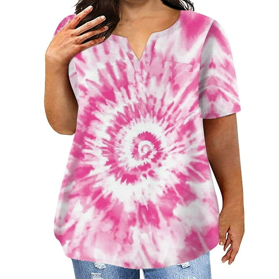 TQWQT Womens Plus Size Tops Summer Casual Cute Tee Shirt Short Sleeve V Neck Gradient Graphic T-Shirt 4x-5x Tunic Tops with Pocket Hot Pink 2XL