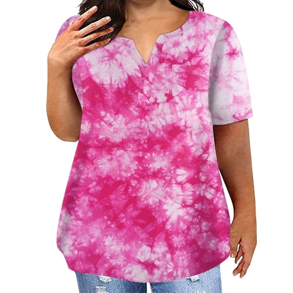 TQWQT Womens Plus Size Tops Summer Casual Cute Tee Shirt Short Sleeve V Neck Tie Dye Graphic T-Shirt 4x-5x Tunic Tops with Pocket Hot Pink L