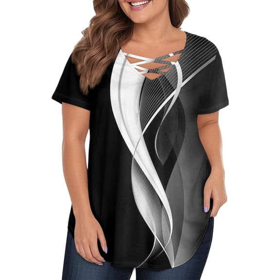TQWQT Womens Plus Size Tops Summer Casual Going Out Tees Short Sleeve V-Neck Criss Cross Striped Color Block Blouses Summer Tunic Tops Black 2XL