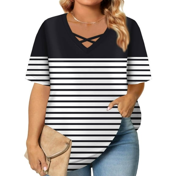 TQWQT Womens Plus Size Tops Summer Casual Sexy Tees Short Sleeve V Neck Criss Cross Striped Color Block Graphic T-Shirt Summer Tunics Blouses 4XL