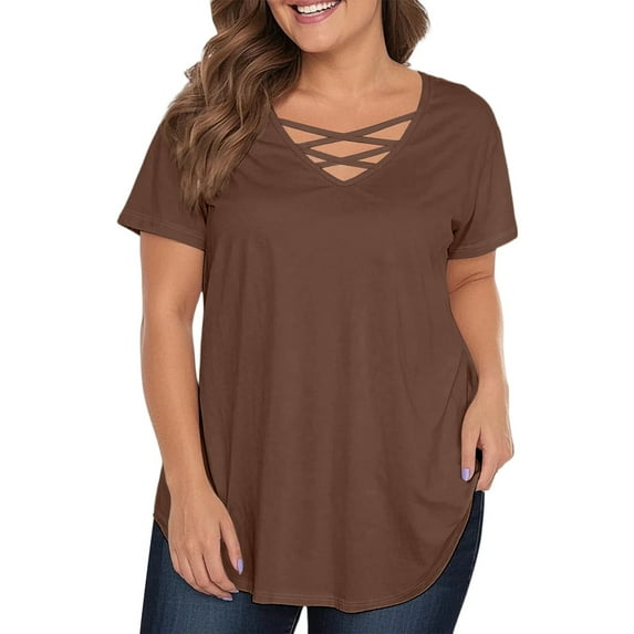 TQWQT Womens Plus Size Tops Summer Loose Fit Going Out Tunics Short Sleeve V-Neck Criss Cross Basic Plain Blouses 4x-5x Casual Tunics Blouses Coffee L