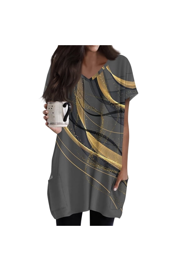 Womens Plus Size Tunic Tops Oversized Tunic Tops Long Shirts for Leggings with Pockets V-Neck Short Sleeve T-Shirt Summer Color Block Long Tops