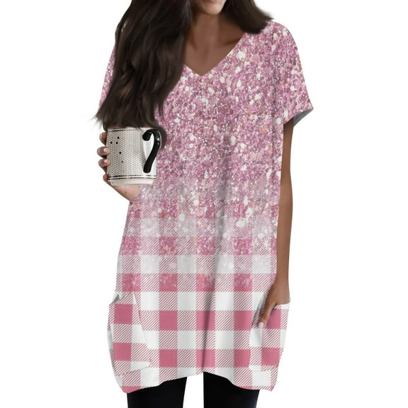 TQWQT Womens Plus Size Tunic Tops with Pockets Summer Casual Short Sleeve Oversized Long Shirts Casual V-Neck T-Shirt Striped Print Long Tops