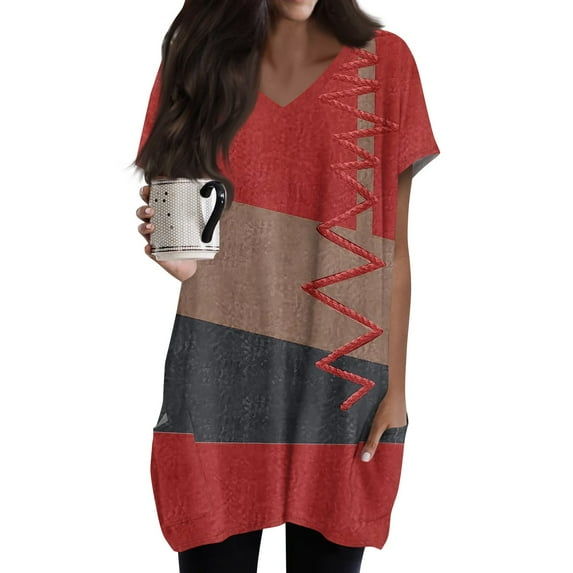 TQWQT Womens Plus Size Tunic Tops with Pockets Summer Casual Short Sleeve Oversized Long Shirts Casual V Neck T-Shirts Color Block Long Tops