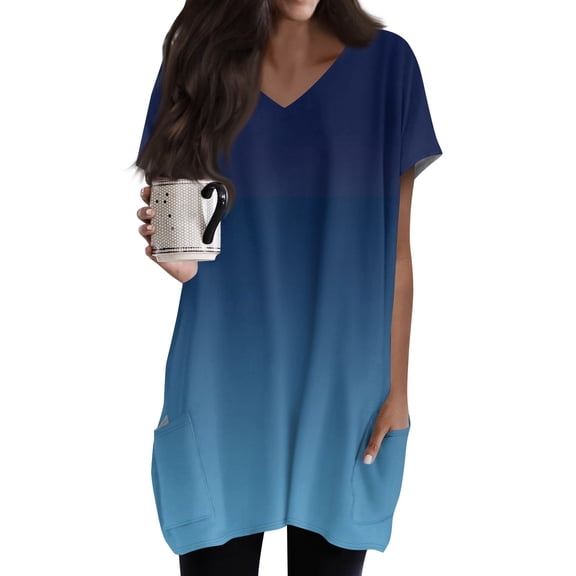 TQWQT Womens Plus Size Tunic Tops with Pockets Summer Casual Short Sleeve Oversized Long Shirts Casual V-Neck T Shirts Gradient Print Long Tops