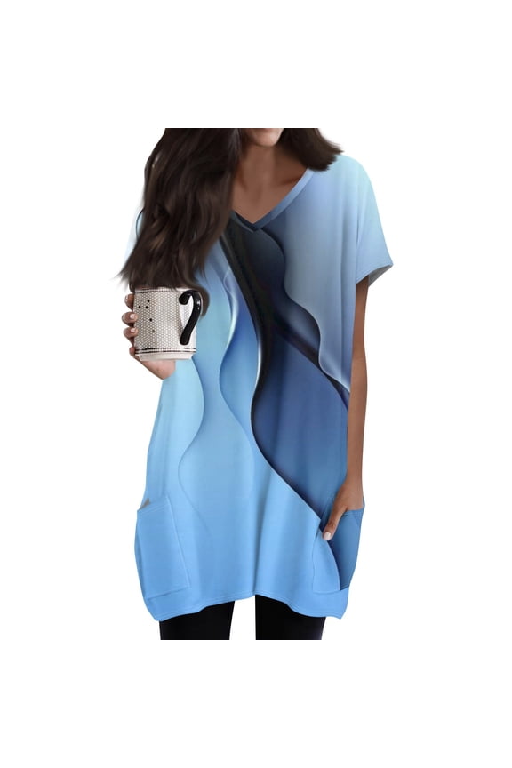 Womens Plus Size Tunics or Tops to Wear with Leggings Long Shirts Short Sleeve Oversized Shirt Summer V Neck T-Shirt Color Block Long Tops