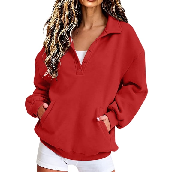 TQWQT Womens Pullover Sweatshirt Long Sleeve Quarter Zip Hoodie Casual Solid Color Tops Fall Winter Fashion Loose Fit Cozy Fleece Sweater Outwear Red XL