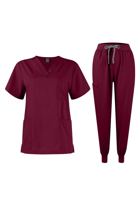 TQWQT Womens Scrubs Plus Size Medical Scrub Sets Petite V-Neck Scrub Tops and Pants Nursing Top Scrub Sets Scrub Jumpsuit Wine XXL