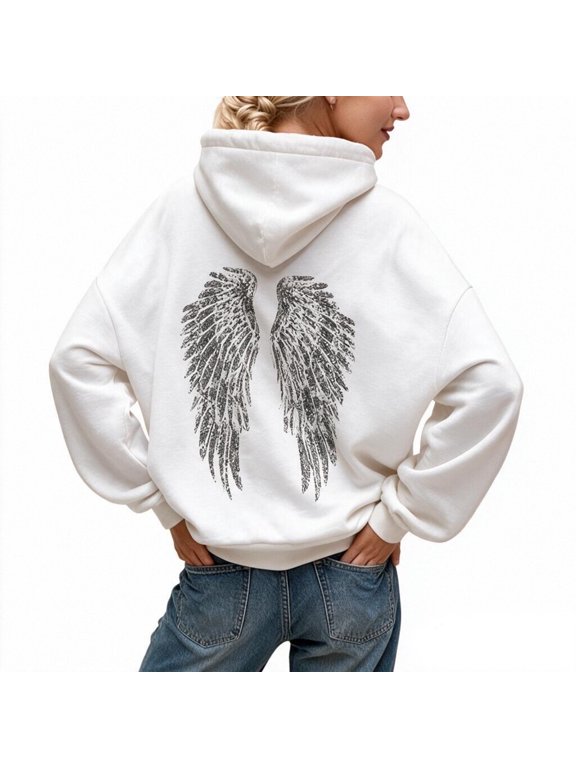 Womens Sequin Angel Wings Pullover Hoodie Oversized Drop Shoulder Hooded Sweatshirt with Drawstring & Kangaroo Pocket Trendy Long Sleeve Casual Tops White M