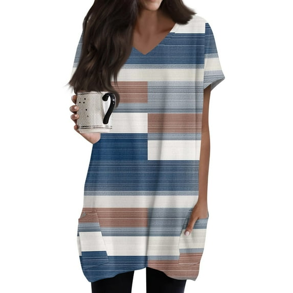 TQWQT Womens Shirt Plus Size Tunic Tops Long Shirts for Leggings with Pockets Short Sleeve Oversized Long Shirts Summer V Neck T Shirts Color Block Long Tops