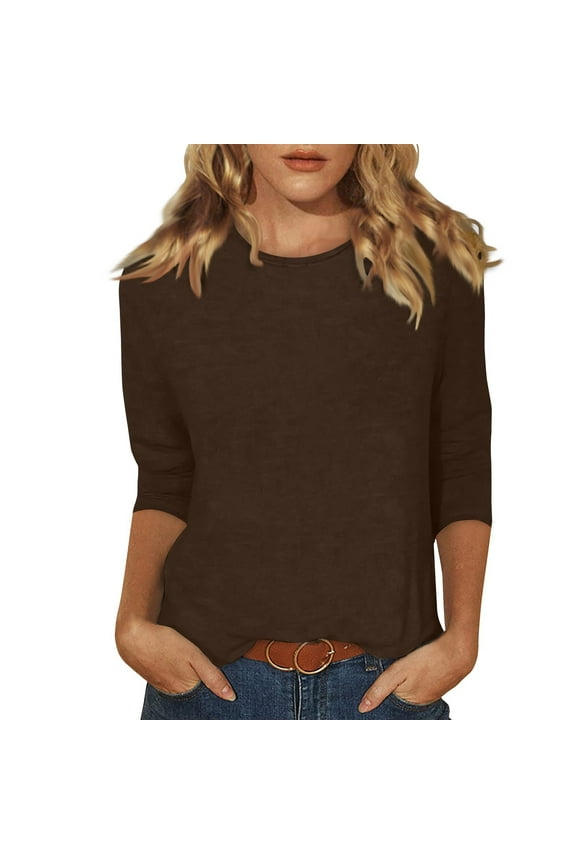 Womens Shirts 3/4 Sleeves Fashion Solid T-Shirt Mid-length Women's Three Quarter Sleeve Blouse Round Neck Casual Tops Coffee L