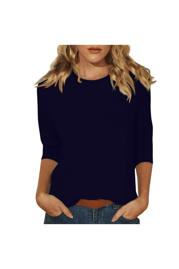 Womens Shirts 3/4 Sleeves Fashion Solid T-Shirt Mid-length Women's Three Quarter Sleeve Blouse Round Neck Casual Tops Royal Blue 2XL