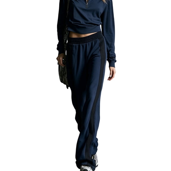 TQWQT Womens Side Stripe Wide Leg Sweatpants High Waist Straight Leg Floor Length Casual Lounge Pants Athletic Track Bottoms Soft Relaxed Fit Sporty Trousers Navy XL