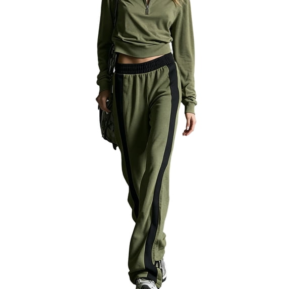 TQWQT Womens Side Stripe Wide Leg Sweatpants High Waist Straight Leg Floor Length Casual Lounge Pants Athletic Track Bottoms Soft Relaxed Fit Sporty Trousers Dark Green 2XL
