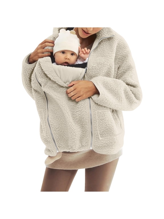 Womens Stand Collar Baby Carrier Sherpa Jacket Full Zip Long Sleeve Fleece Coat with Detachable Baby Pouch Warm Mom Baby Wearing Outerwear for Fall Winter Khaki L