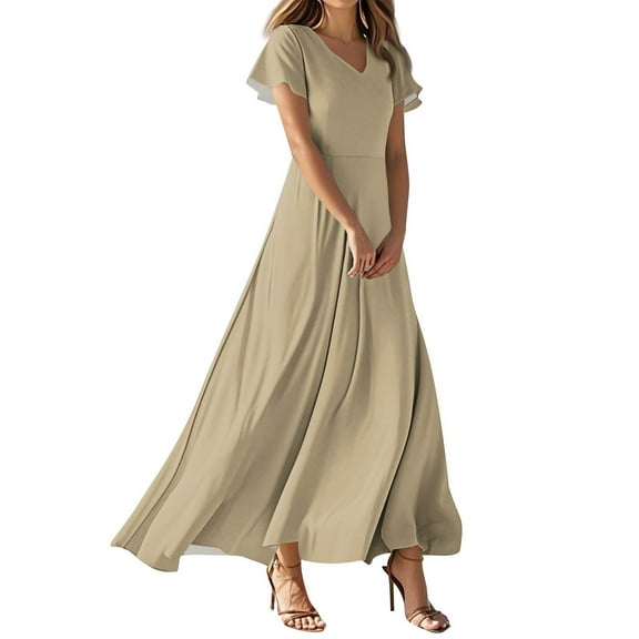 TQWQT Womens Summer Dresses Maxi Boho Khaki Dress Short Sleeve Plus Size Dresses Casual V Neck Wedding Guestes Cute Tiered Dress Khaki M