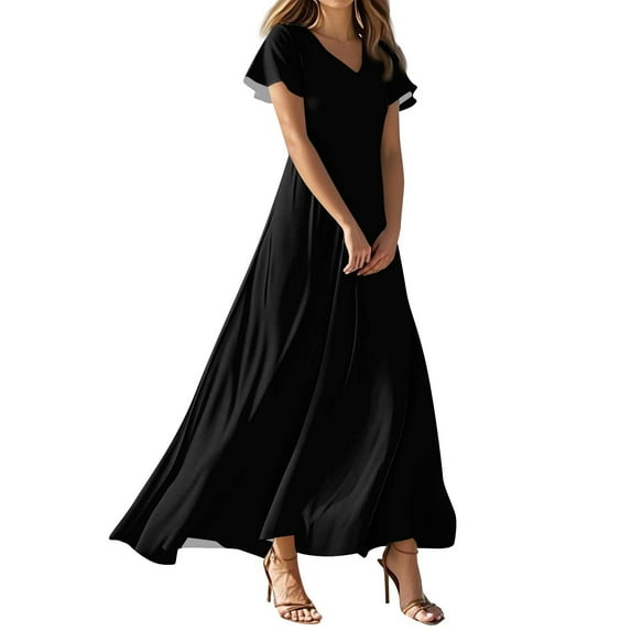 TQWQT Womens Summer Dresses Short Sleeve Black Flowy Maxi Dress Tiered V-neck Casual Church Dresses Plus Size Wedding Guestes Dress Black XL