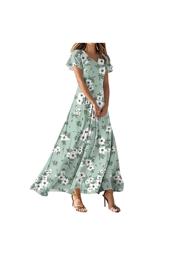 Womens Summer Dresses Short Sleeve Floral Flowy Maxi Dress Plus Size V-neck Casual Church Dresses Tiered Wedding Guestes Dress Dark Green XXL