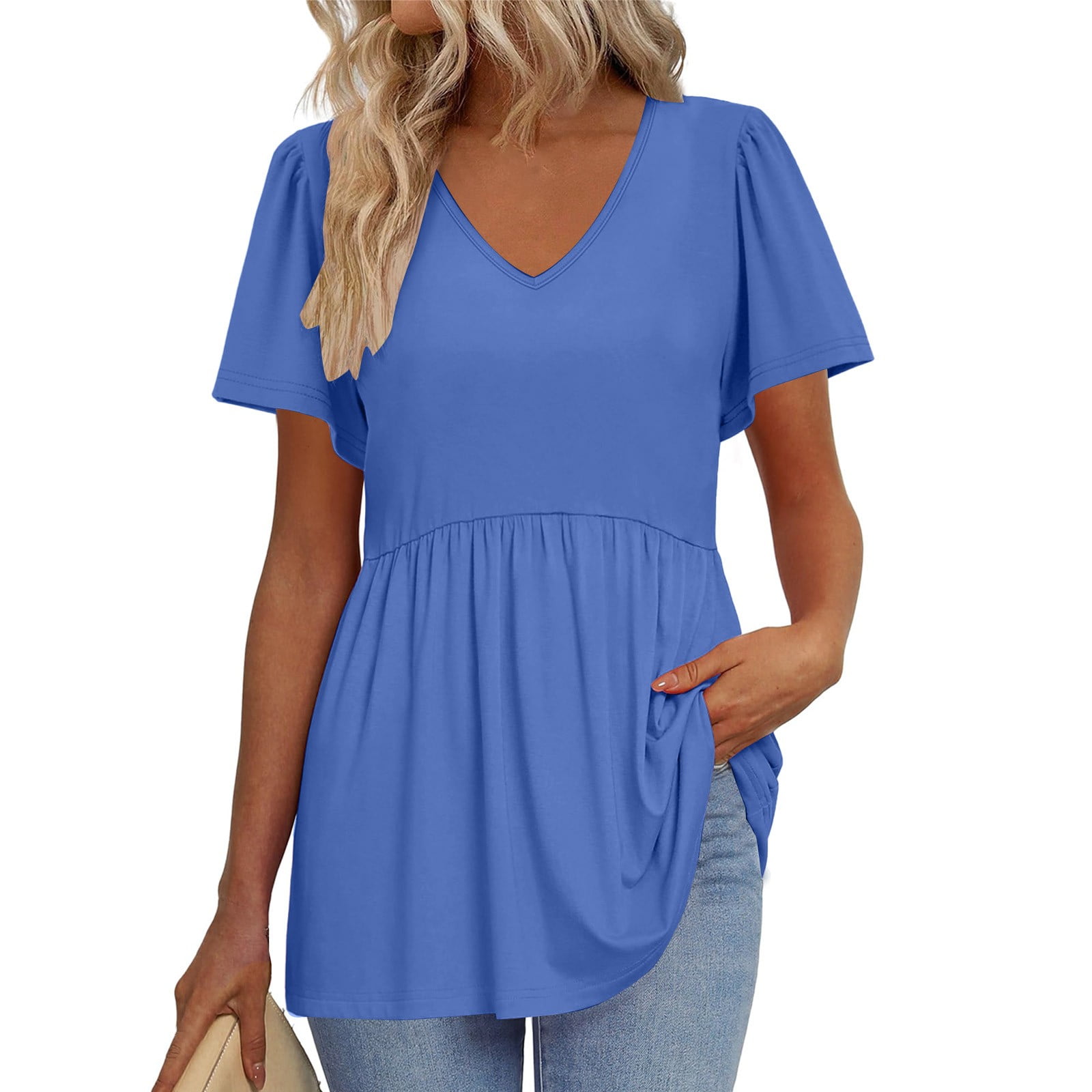 TQWQT Womens Summer Peplum Tops Loose V Neck Babydoll Short Sleeve ...
