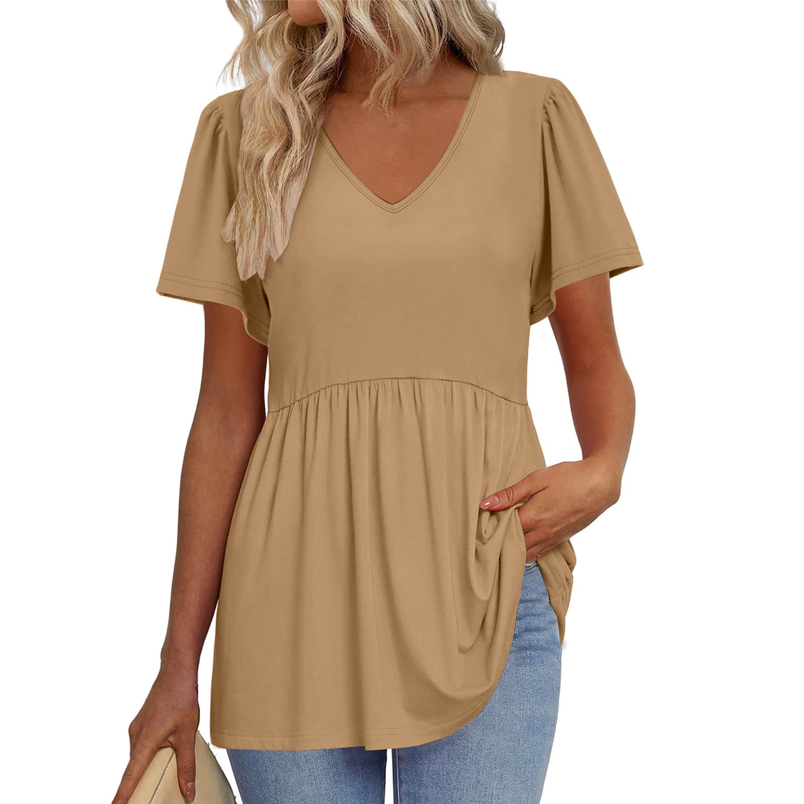 TQWQT Womens Summer Tops Short Sleeve Babydoll V Neck Tunic Top Puff ...