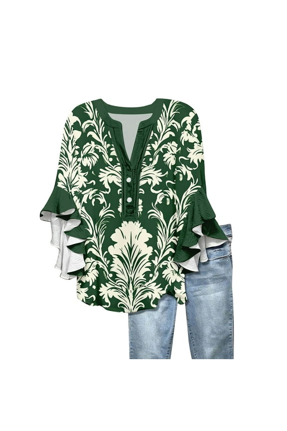 Womens Summer Tops V Neck Ruffle 3/4 Length Sleeve Button Down Shirts Plus Size Tops Floral Trendy Blouse Petite Tunic Top Spring Clothes Army Green XL