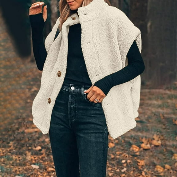 TQWQT Womens Sweater Vest Oversized Puffer Jackets Sleeveless Sherpa Vest Jackets Casual Warm Button Down Fleece Western Teddy Vests Outerwear Beige S
