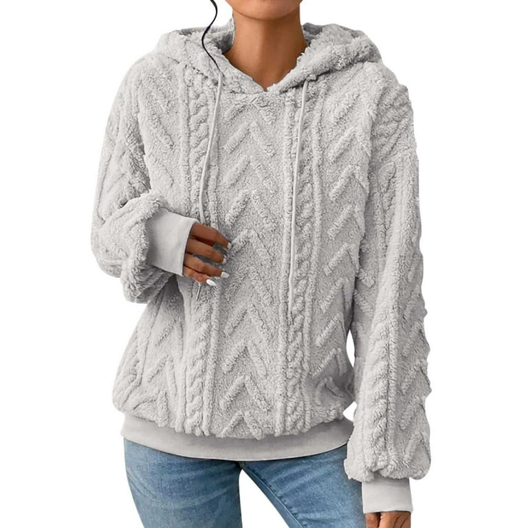 TQWQT Womens Hoodies Fuzzy Hooded Sweatshirt Cable Knit Chunky Fleece Hoodie Pullover Sherpa Sweater Fluffy Coat Light Gray XXL