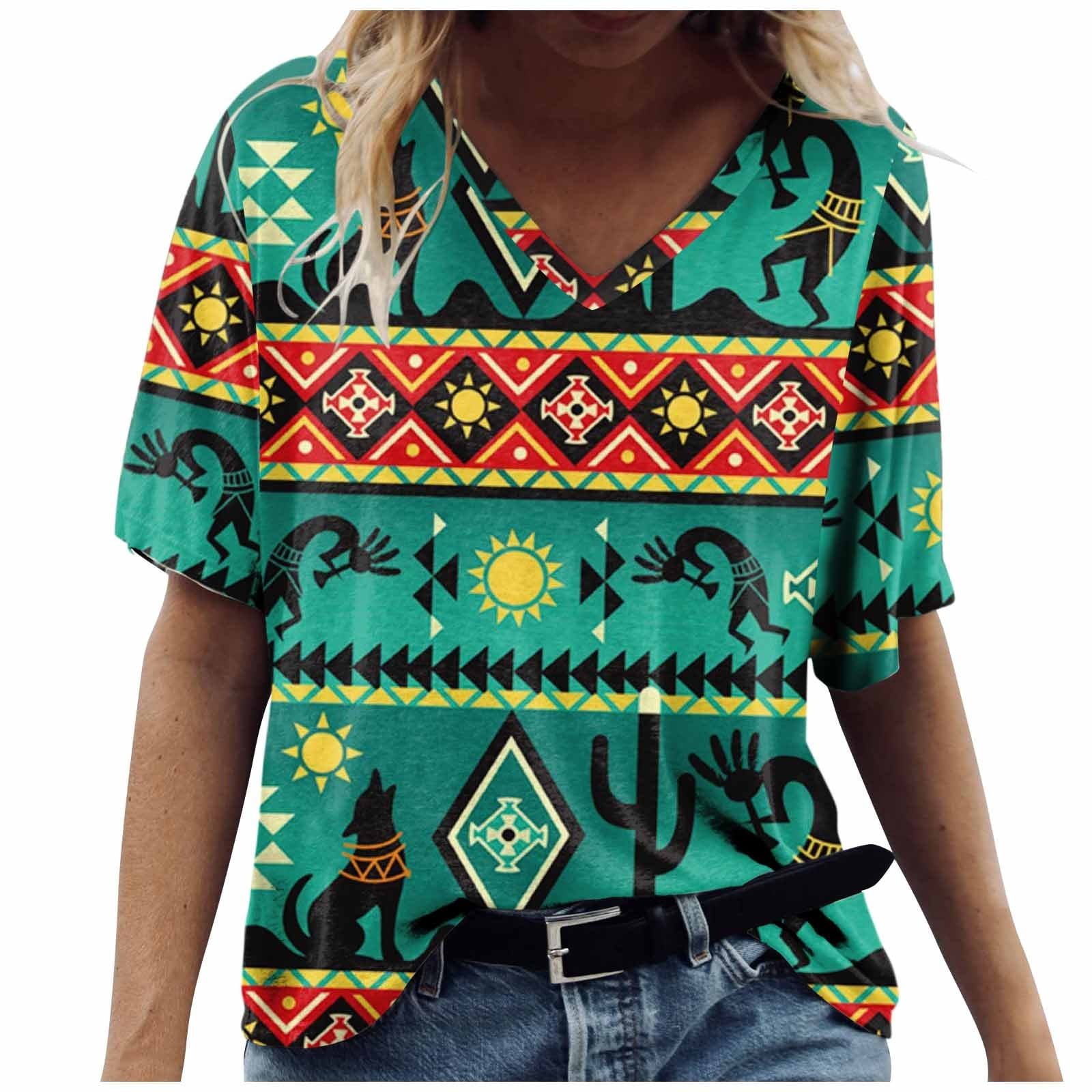 TQWQT Womens T Shirts Aztec Western Ethnic V Neck T Shirts Short Sleeve  Summer Tops Loose Fit,Blue XXL 