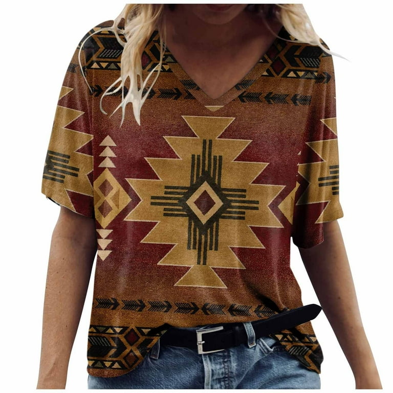 TQWQT Womens T Shirts Loose Fit Western Tribal Ethnic Shirt