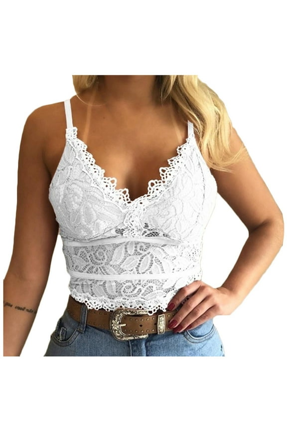 Womens Tank Tops Dressy Casual Sleeveless V-Neck Spaghetti Straps Push Up Crop Top Lace Bra Tank Tops,White L