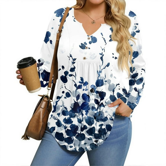 TQWQT Womens Tops Plus Size 4x-5x Fall V Neck Henley Tshirts Floral Print T-Shirt Long Sleeve Tunics Shirts Dressy Casual Clothes for Women Blue 5XL