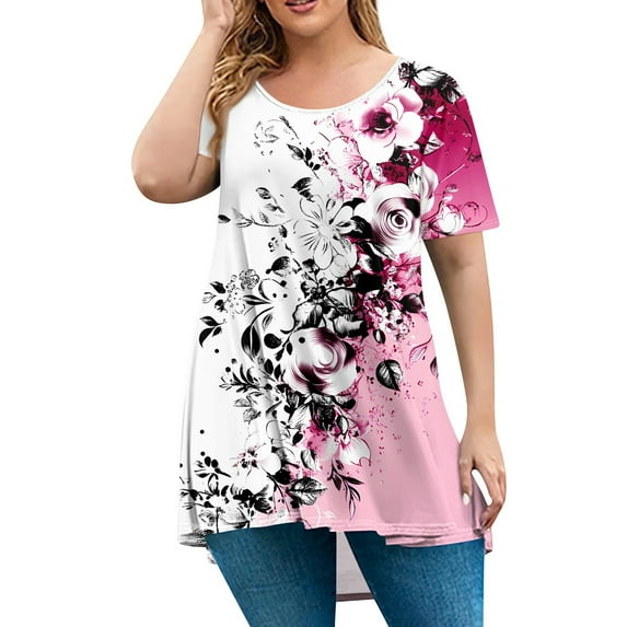 TQWQT Womens Tops Plus Size 4x-5x Flowy Crew Neck Tshirts Floral Graphic T-Shirt Short Sleeve Blouses Dressy Casual Trendy Tunics Pink 3XL