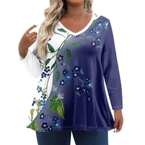 TQWQT Womens Tops Plus Size 4x-5x Sexy Long Sleeve Tee Shirt Tops Floral Print T-Shirt V Neck Tunic Shirts Dressy Casual Outfits for Women Purple 2XL