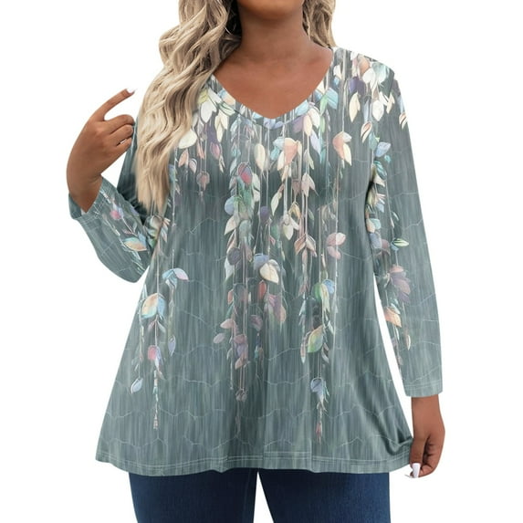 TQWQT Womens Tops Plus Size 4x-5x Sexy Long Sleeve Tops Floral Print T-Shirt V Neck Tunic Shirts Loose Casual Outfits for Women Navy 4XL