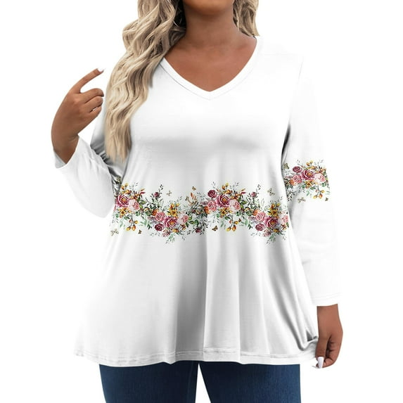 TQWQT Womens Tops Plus Size 4x-5x Sexy Long Sleeve Tunic Tops Floral Print T-Shirt V Neck Tshirts Large Casual Tunics Blouses White 4XL
