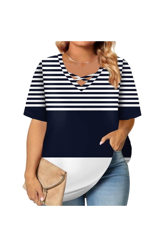 Womens Tops Plus Size 4x-5x Sexy Short Sleeve Tunic Tops Striped Color Block Graphic Tees V Neck Criss Cross Tunic Shirts Loose Fit Casual Trendy Tunics 4XL