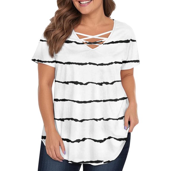 TQWQT Womens Tops Plus Size 4x-5x Summer Short Sleeve Tops Striped Color Block Graphic Tees V Neck Criss Cross Tshirts Loose Casual Blouses White 3XL