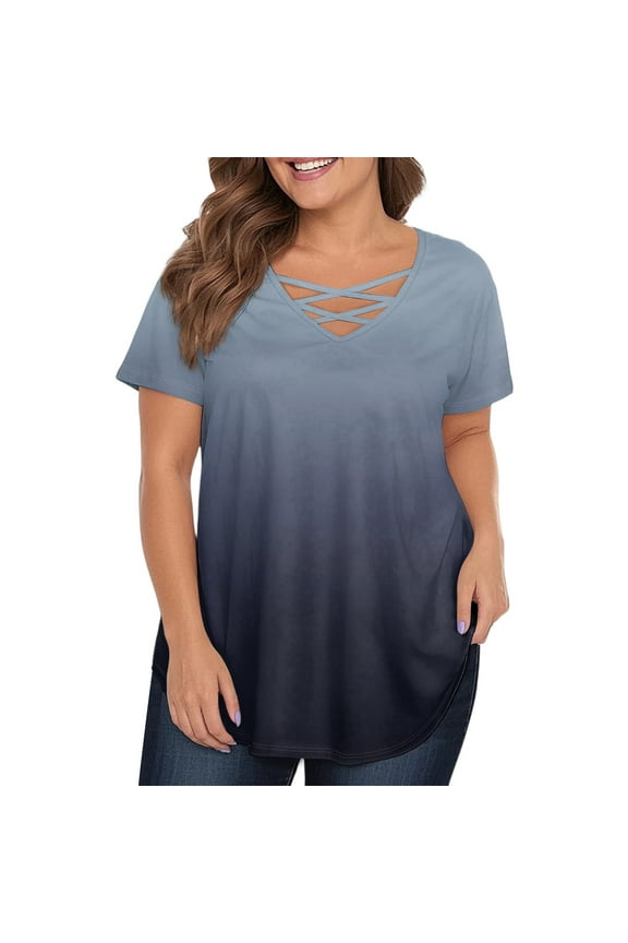 TQWQT Womens Tops Plus Size 4x-5x Summer V Neck Criss Cross Shirts Gradient Print T-Shirt Short Sleeve Shirts Loose Fit Casual Tunic Tops Navy 4XL