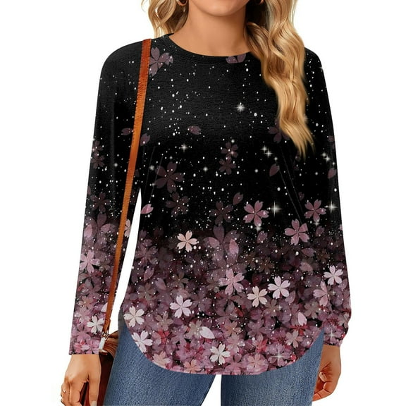 TQWQT Womens Tops Plus Size 4x-5x Trendy Crewneck Tunic Shirts Floral Print T-Shirt Long Sleeve Tunic Tops Dressy Casual Outfits for Women Purple L