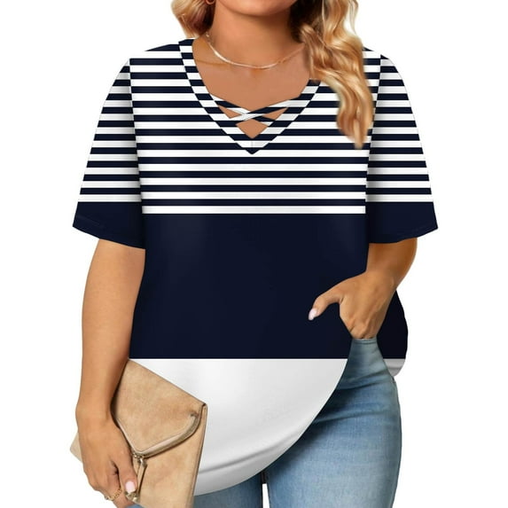 TQWQT Womens Tops Plus Size 4x-5x Trendy Short Sleeve Tee Shirt Tops Striped Color Block Graphic Tees V Neck Criss Cross Tunic Shirts Dressy Casual Tunics Blouses 3XL