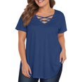 thumbnail image 1 of TQWQT Womens Plus Size Tops Loose Summer Sexy Shirts Short Sleeve V-Neck Criss Cross Basic Plain T-Shirt 4x-5x Casual Trendy Tunics Dark Blue 4XL, 1 of 4