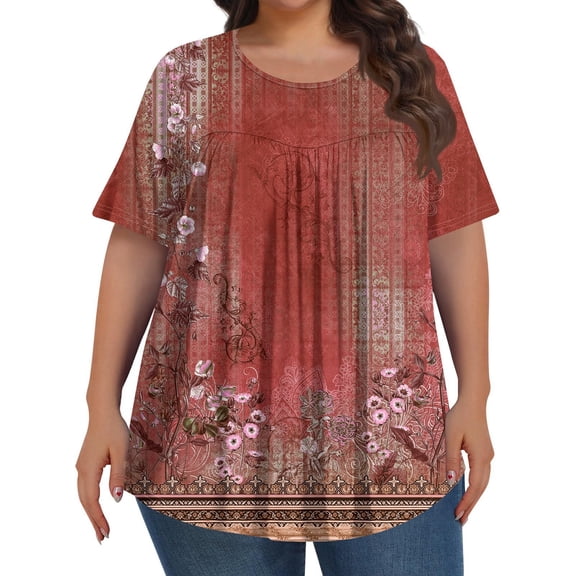 TQWQT Womens Tops Plus Size 4x-5x Trendy Short Sleeve Tunic Tops Floral Pleated Tops Crew Neck Shirts Loose Casual Tunics Blouses Wine L