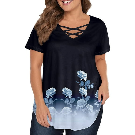 TQWQT Womens Tops Plus Size 4x-5x Trendy V Neck Criss Cross T Shirts Floral Graphic T-Shirt Short Sleeve Blouses Dressy Casual Summer Clothes Black 3XL