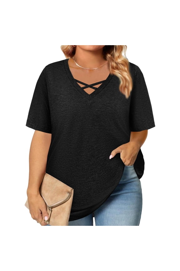 Womens Tops Plus Size 4x-5x Trendy V Neck Criss Cross Tshirts Black Basic Plain T-Shirt Short Sleeve Tee Shirt Tops Dressy Casual Outfits for Women XL